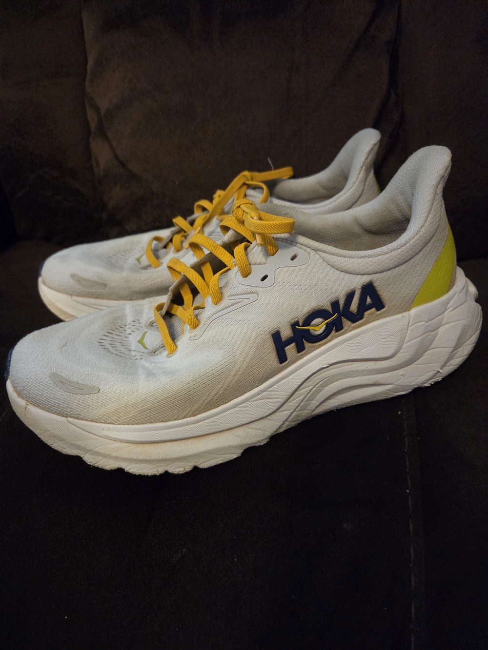 Hoka Mens Gray Sneakers with Yellow Laces and Navy Logo